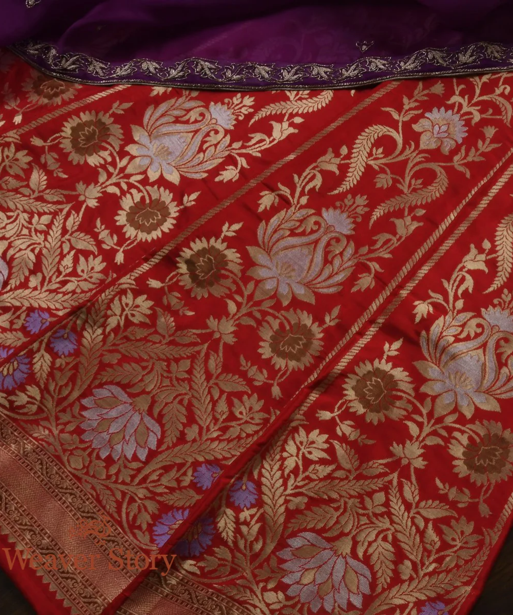 Handloom Red Meenakari Cutwork Silk Banarasi Lehenga