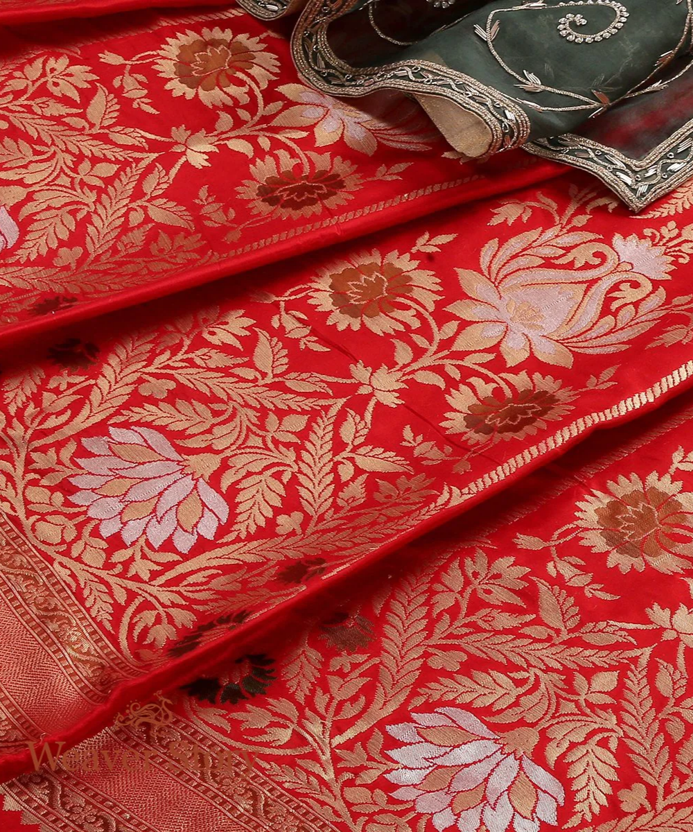 Red Handloom Katan Silk Banarasi Lehenga With Meenakari