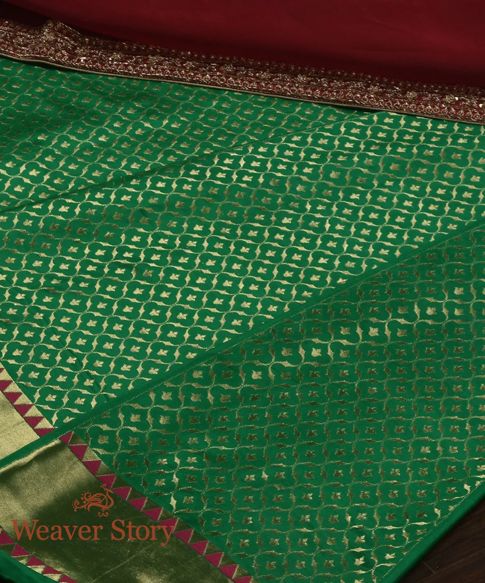 Handloom Green Cutwork Kalidar Jaal Katan Silk Banarasi Lehenga