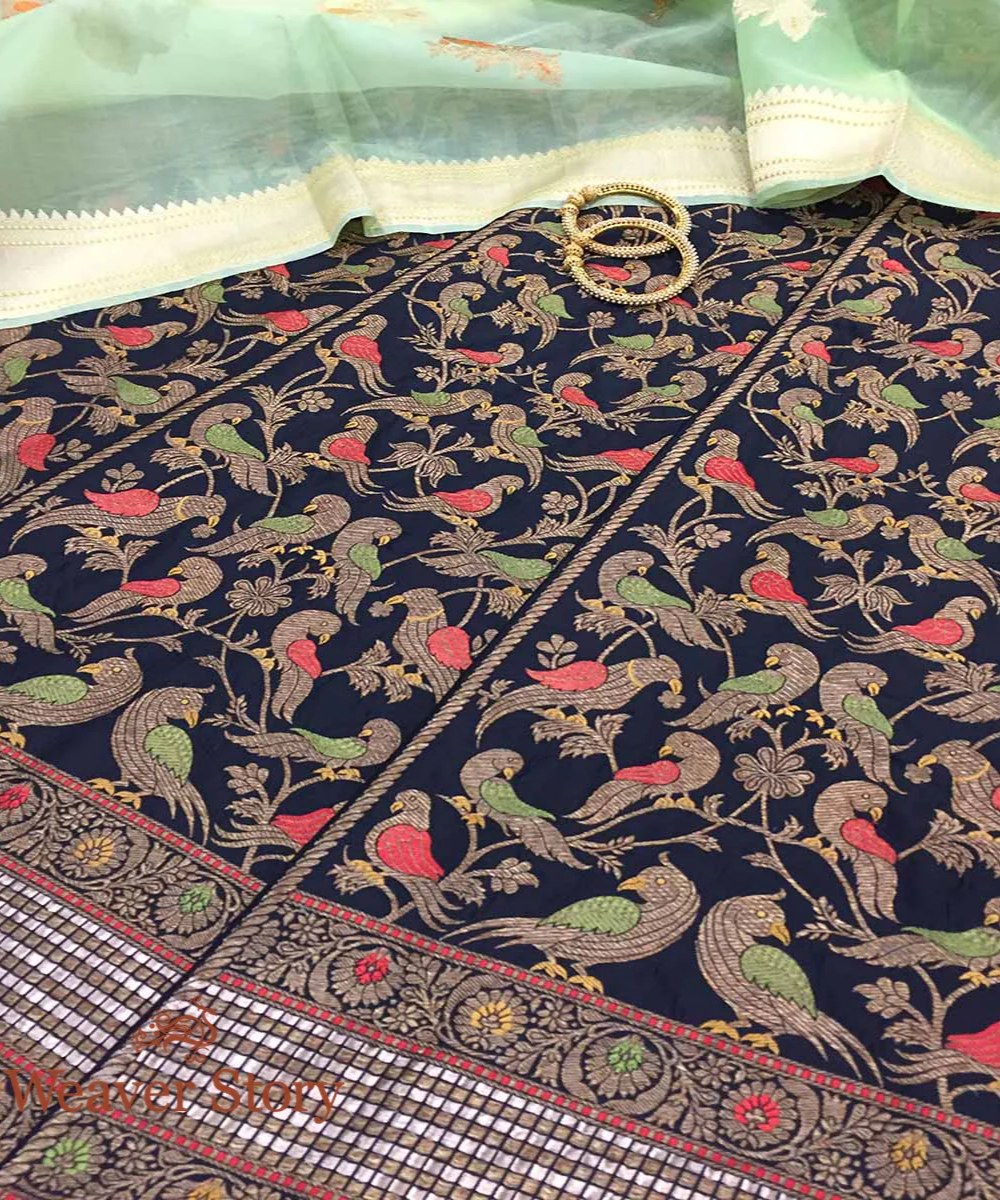 Handloom Black Kadhwa Banarasi Lehenga With Birds