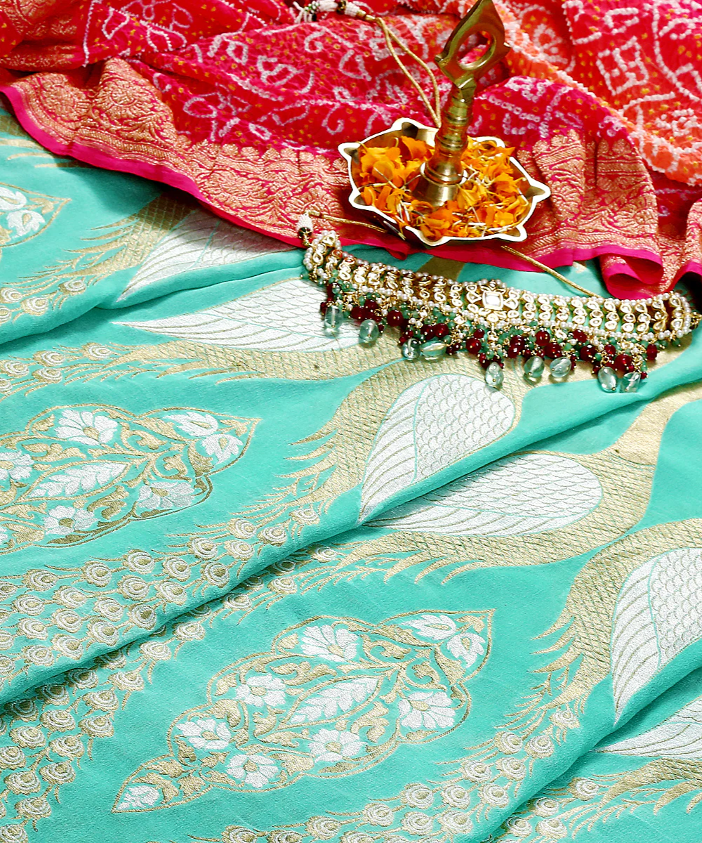 Sea Green Handloom Katan Silk Banarasi Lehenga With Peacock Motif