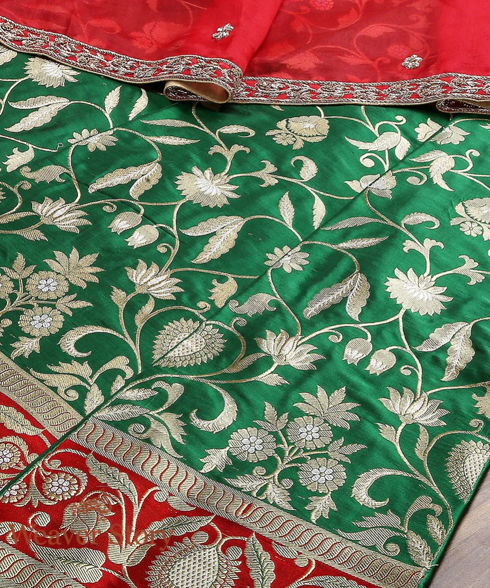 Handloom Green Kadhwa Banarasi Lehenga With Red Border