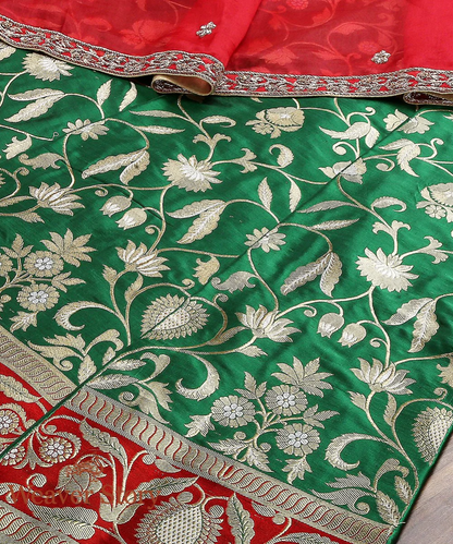 Handloom Green Kadhwa Banarasi Lehenga With Red Border