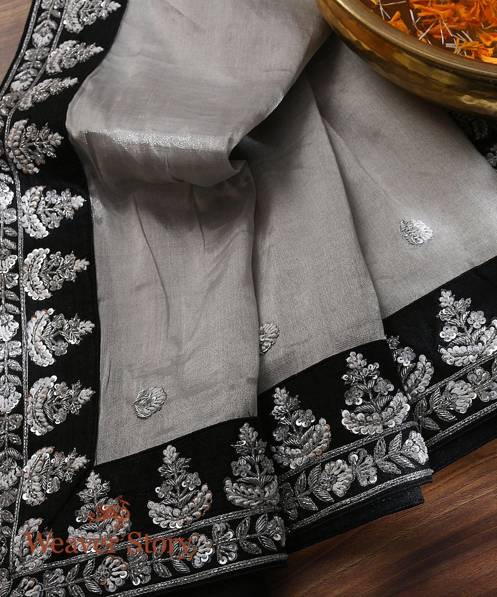 Silver Tissue Zardozi Work Dupatta With Black Border