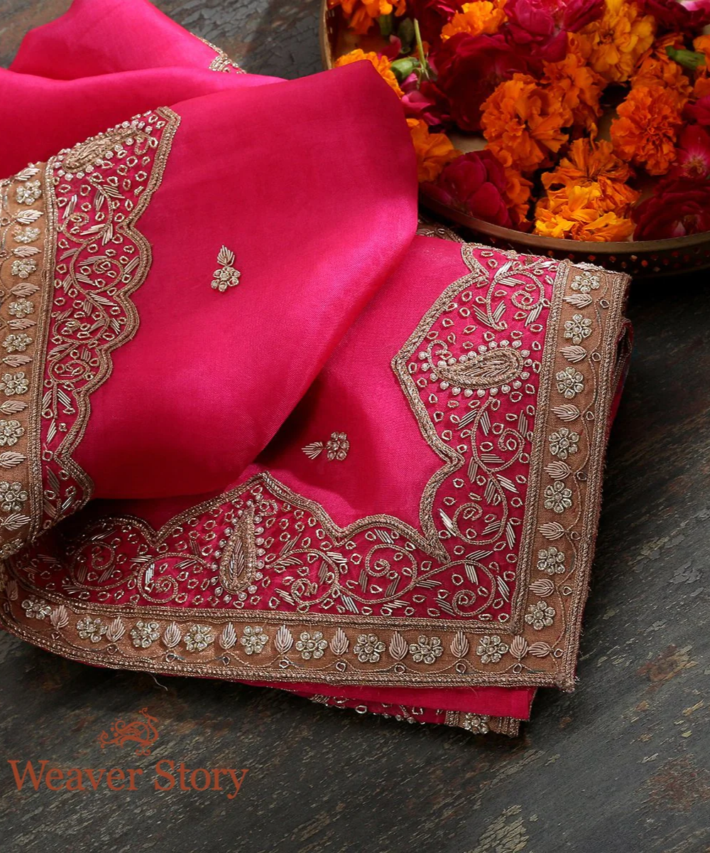 Hot Pink Zardozi Work Dupatta With Mughal Border