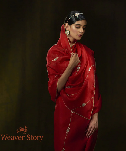 Red Hand Embroidered Organza Saree With Zardozi Bel