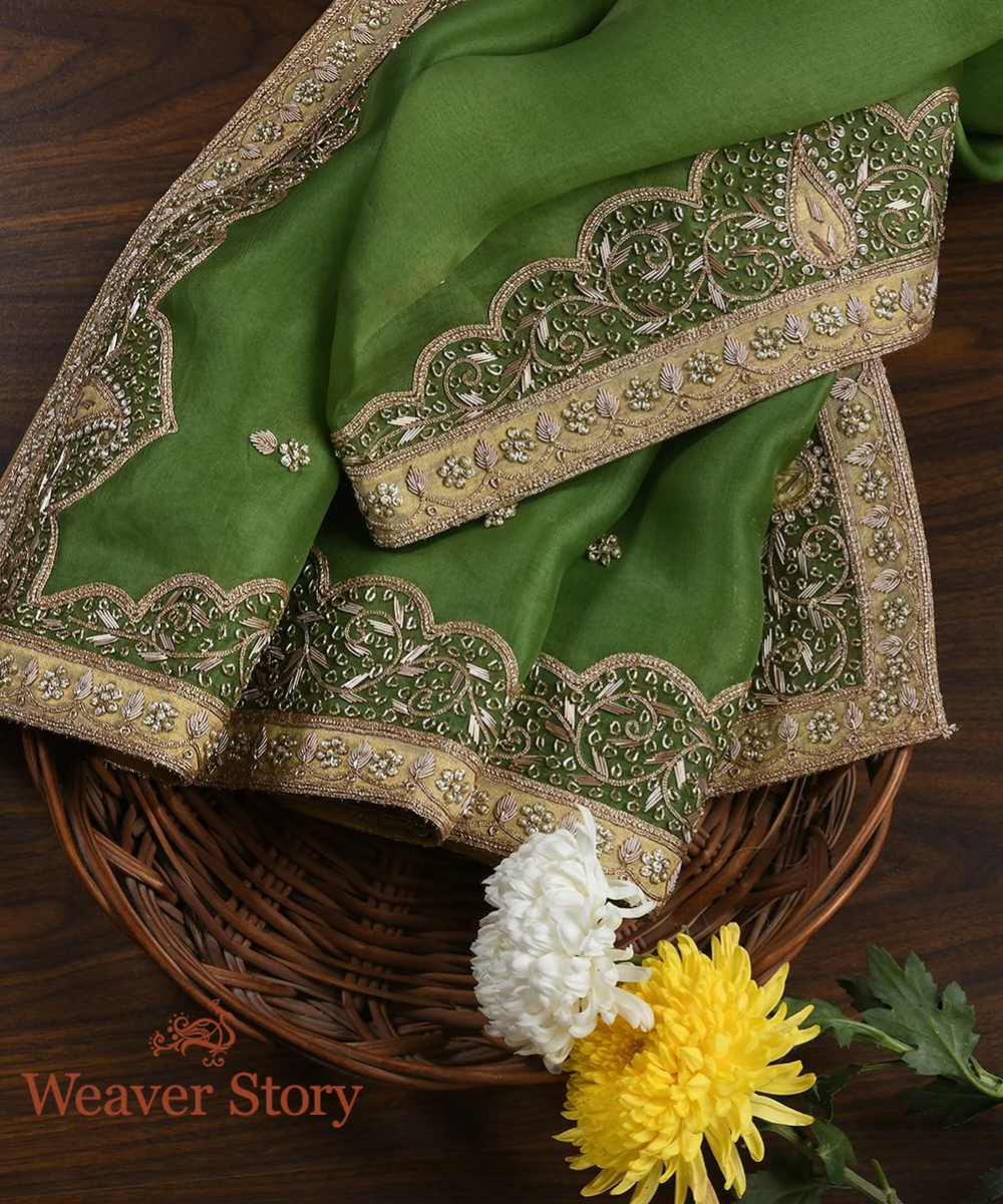 Heena Green Zardozi Dupatta With Mughal Border