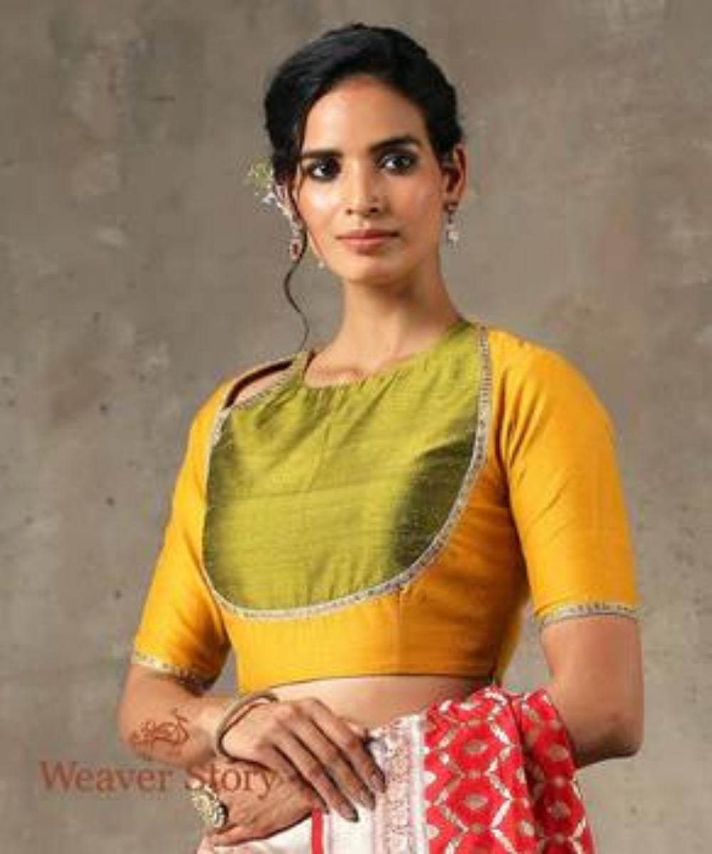 Mustard Matka Style Blouse Munga Silk With Embroidery Blouses/ Crop Tops