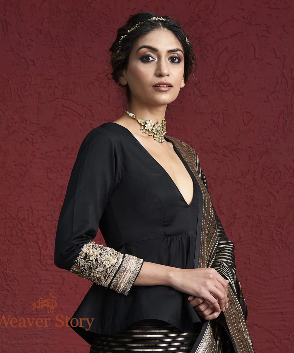 Black Pure Silk Blouse With Zardozi Embroidered Sleeves Blouses/ Crop Tops