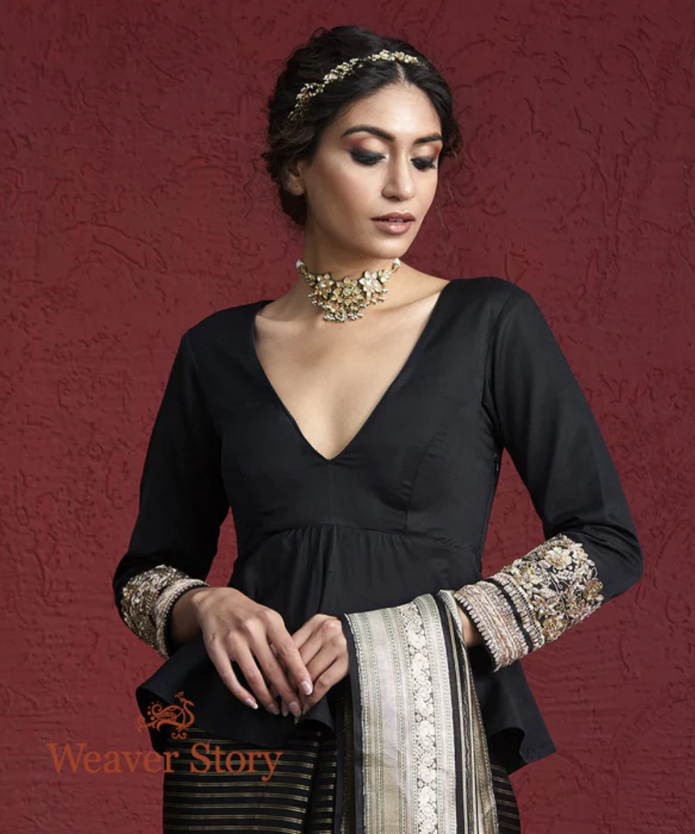 Black Pure Silk Blouse With Zardozi Embroidered Sleeves Blouses/ Crop Tops