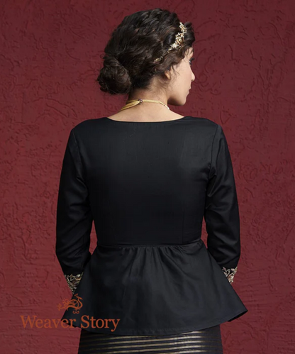 Black Pure Silk Blouse With Zardozi Embroidered Sleeves Blouses/ Crop Tops