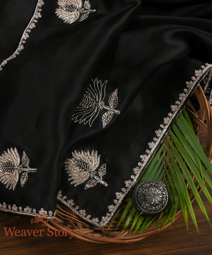 Black Zardozi Organza Dupatta With Lotus Motifs