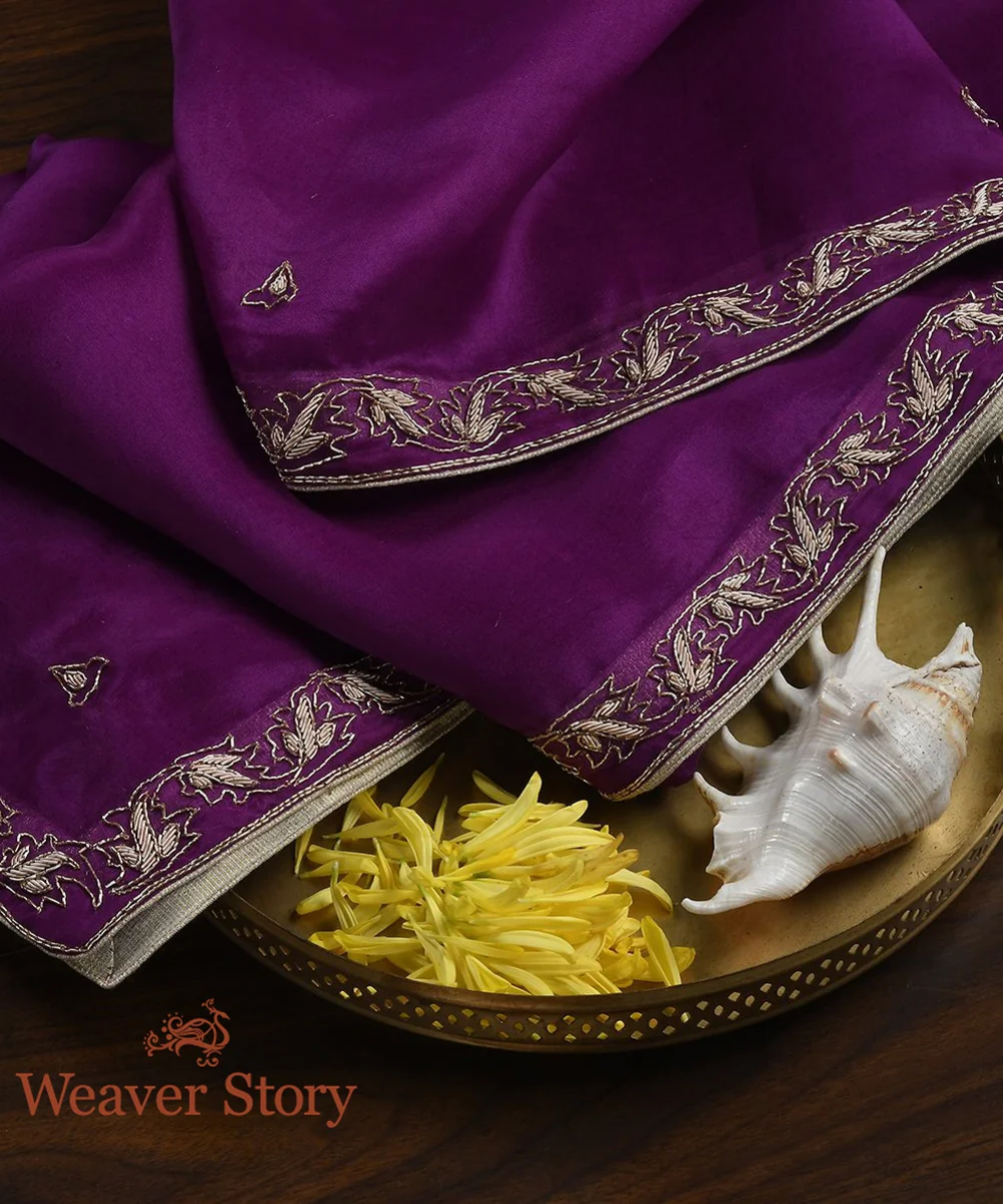 Purple Zardozi Dupatta With Leaf Border