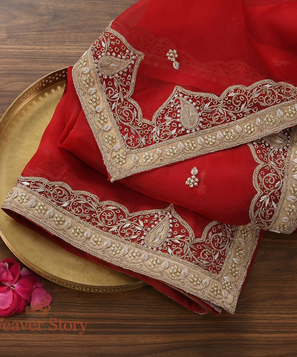 Red Zardozi Dupatta With Mughal Border