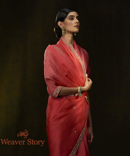 Coral Peach Hand Embroidered Organza Saree With Zardozi