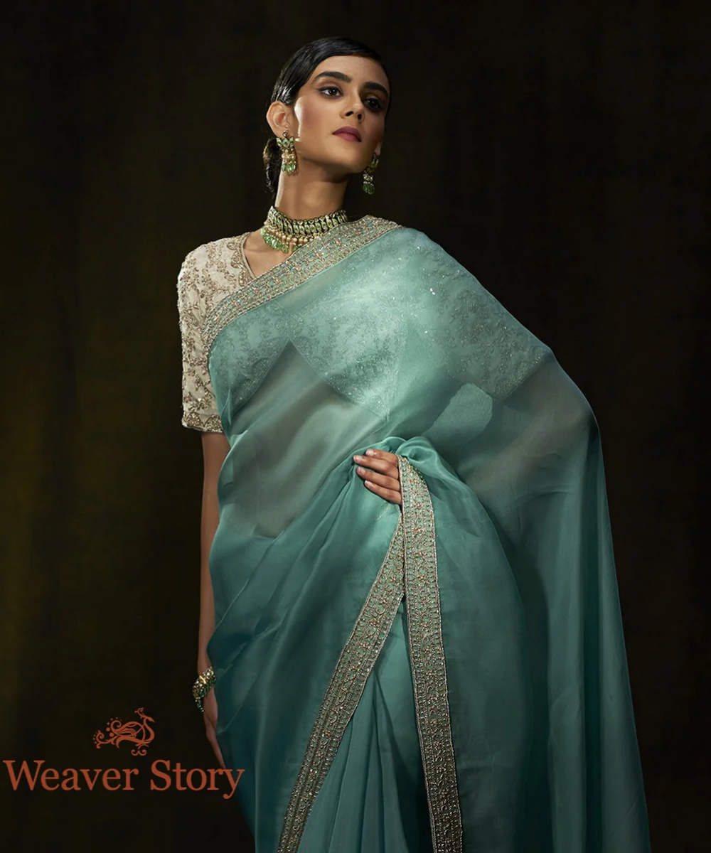 Aqua Blue Hand Embroidered Organza Saree With Zardozi Borders