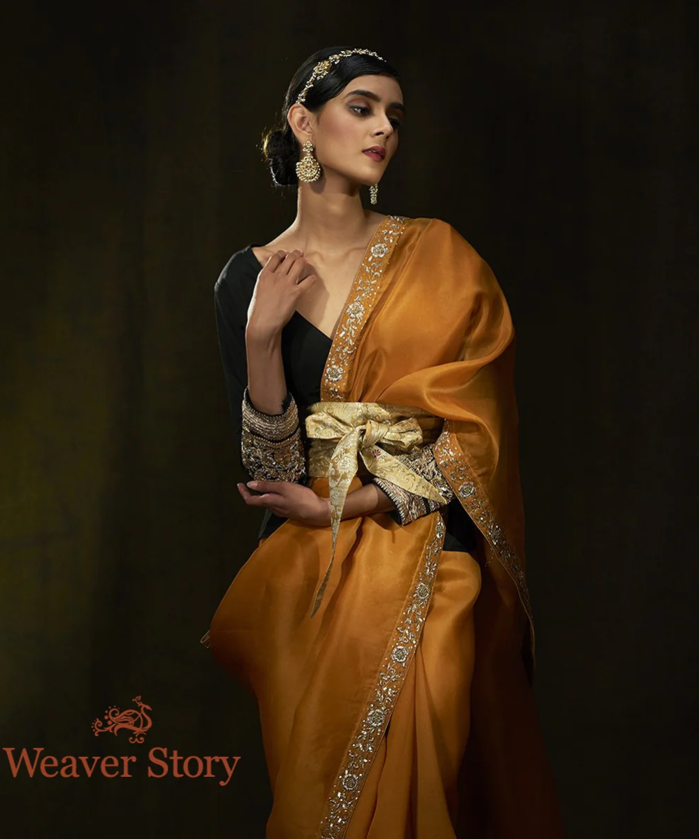 Mustard Hand Embroidered Organza Saree With Zardozi Border