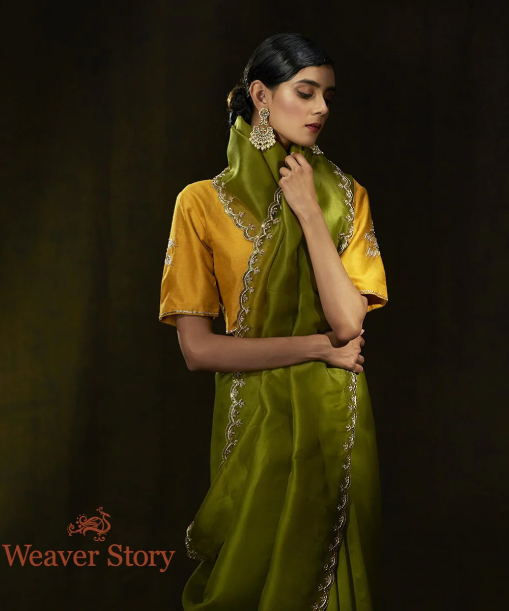 Henna Green Hand Embroidered Organza Saree With Scalloped Zardozi Borders