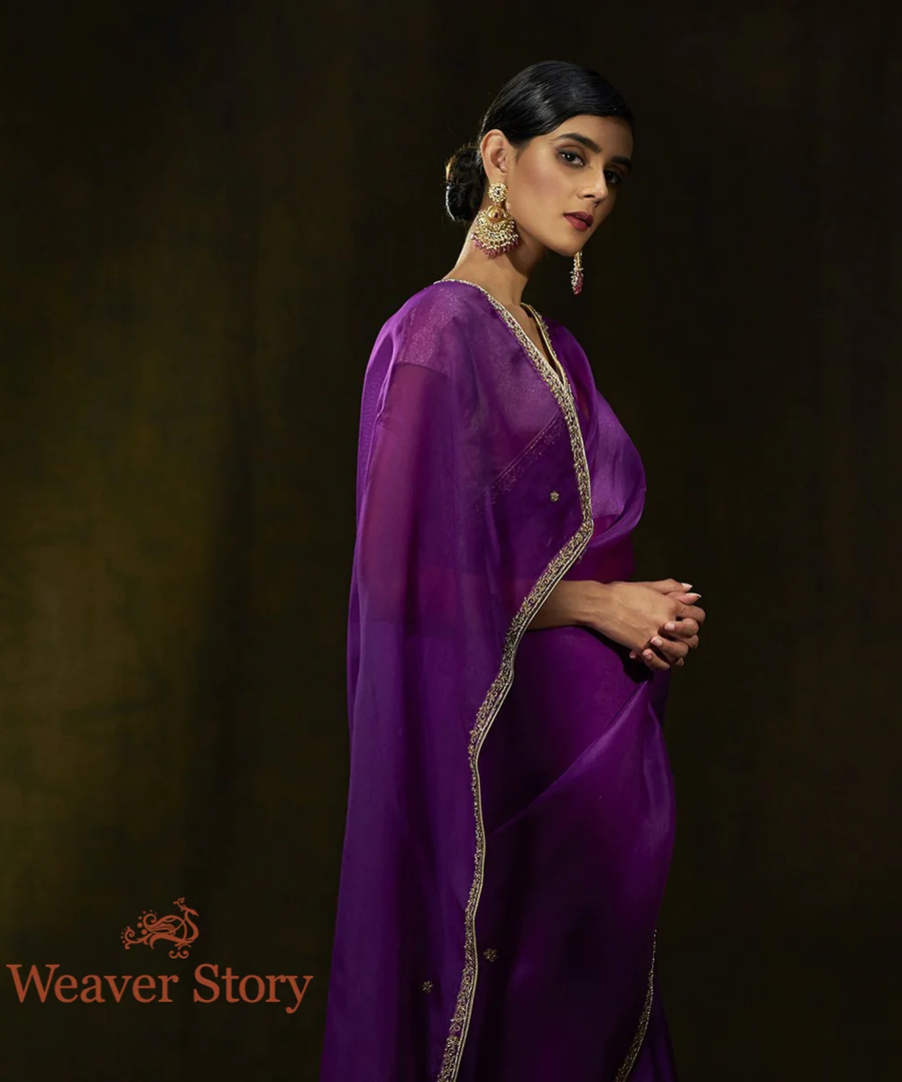 Purple Hand Embroidered Organza Saree With Zardozi Border