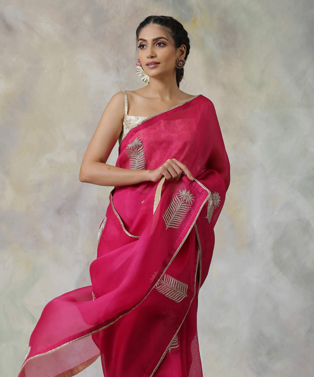 Pink Hand Embroidered Organza Saree With Zardozi Booti