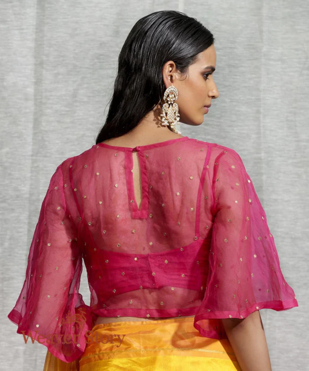 Hot Pink Organza Blouse With Sequins Embroidery And Raw Silk Inner Blouses/ Crop Tops