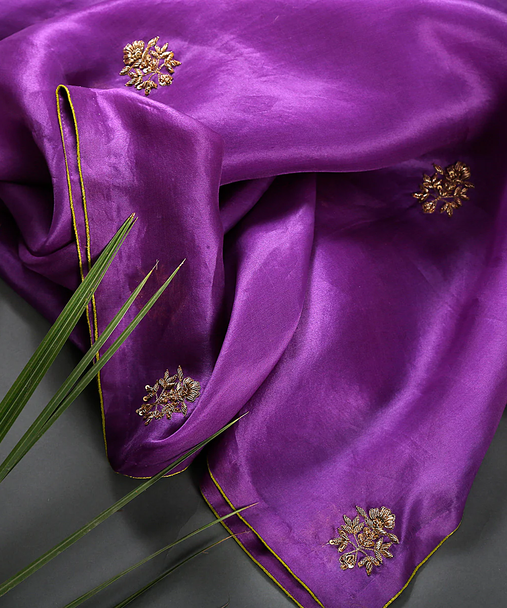 Handloom Organza Dupatta In Purple With Zardozi Dupatta