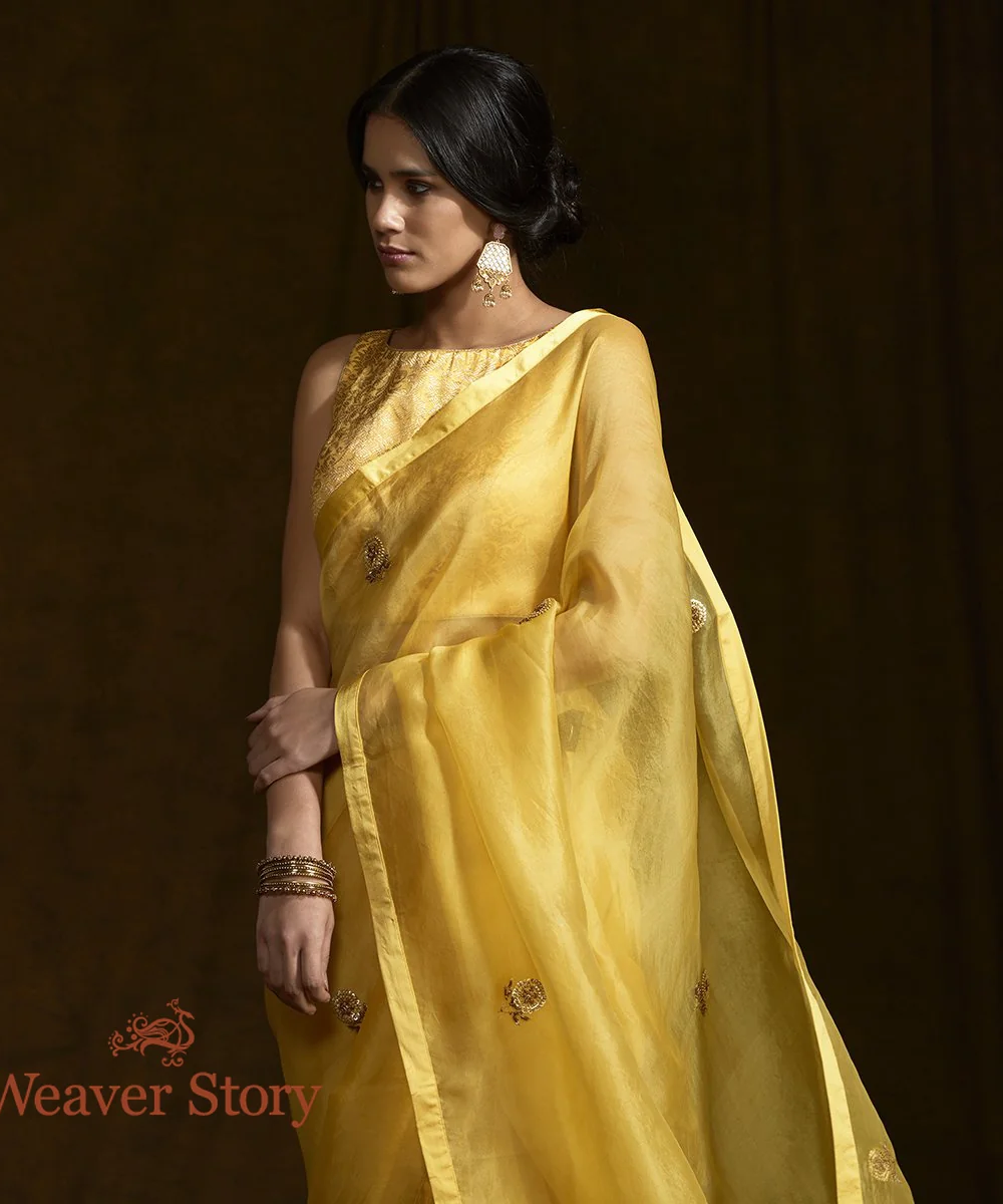 Yellow Organza Saree With Zardozi Work