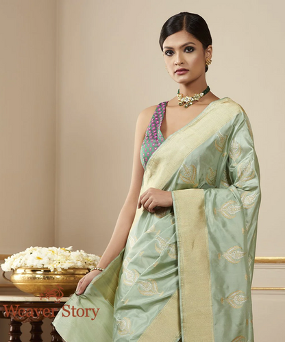 Handloom Sea Green Sona Rupa Banarasi With Kadhwa Boota Saree