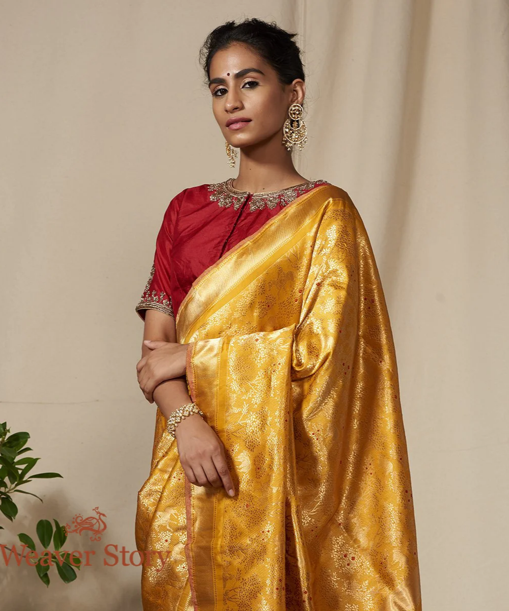 Handloom Mustard Kimkhab Shikargah Banarasi Saree