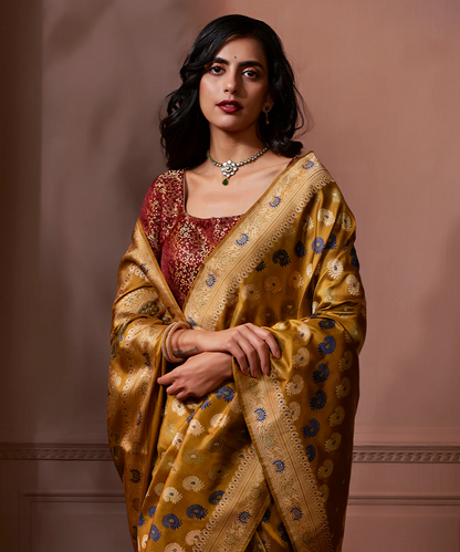 Banaras Baluchari Saree In Mustard With Kalka On Pallu Saree