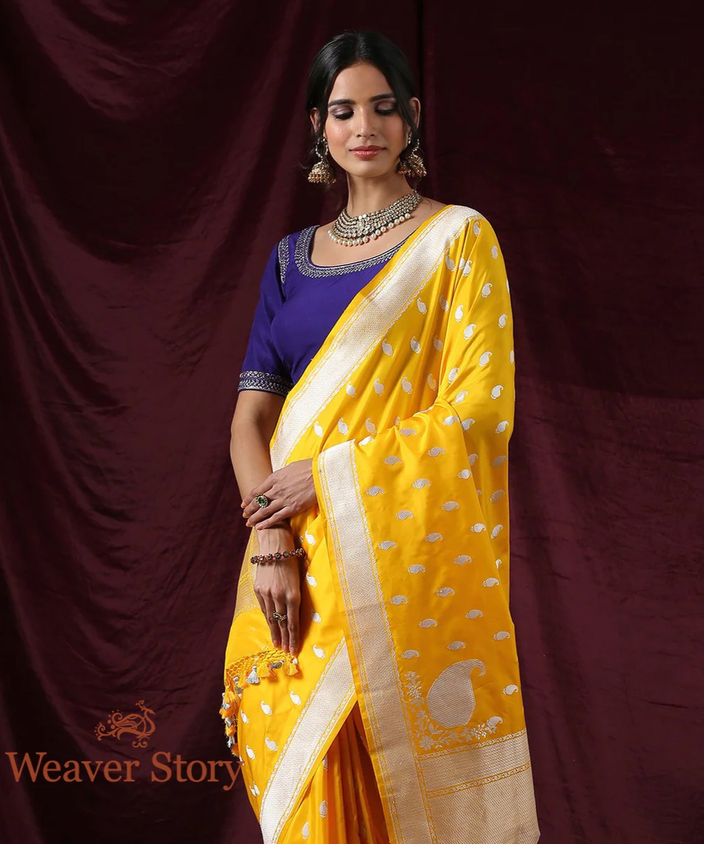 Handloom Yellow Kadhwa Paisley Booti Saree With Konia