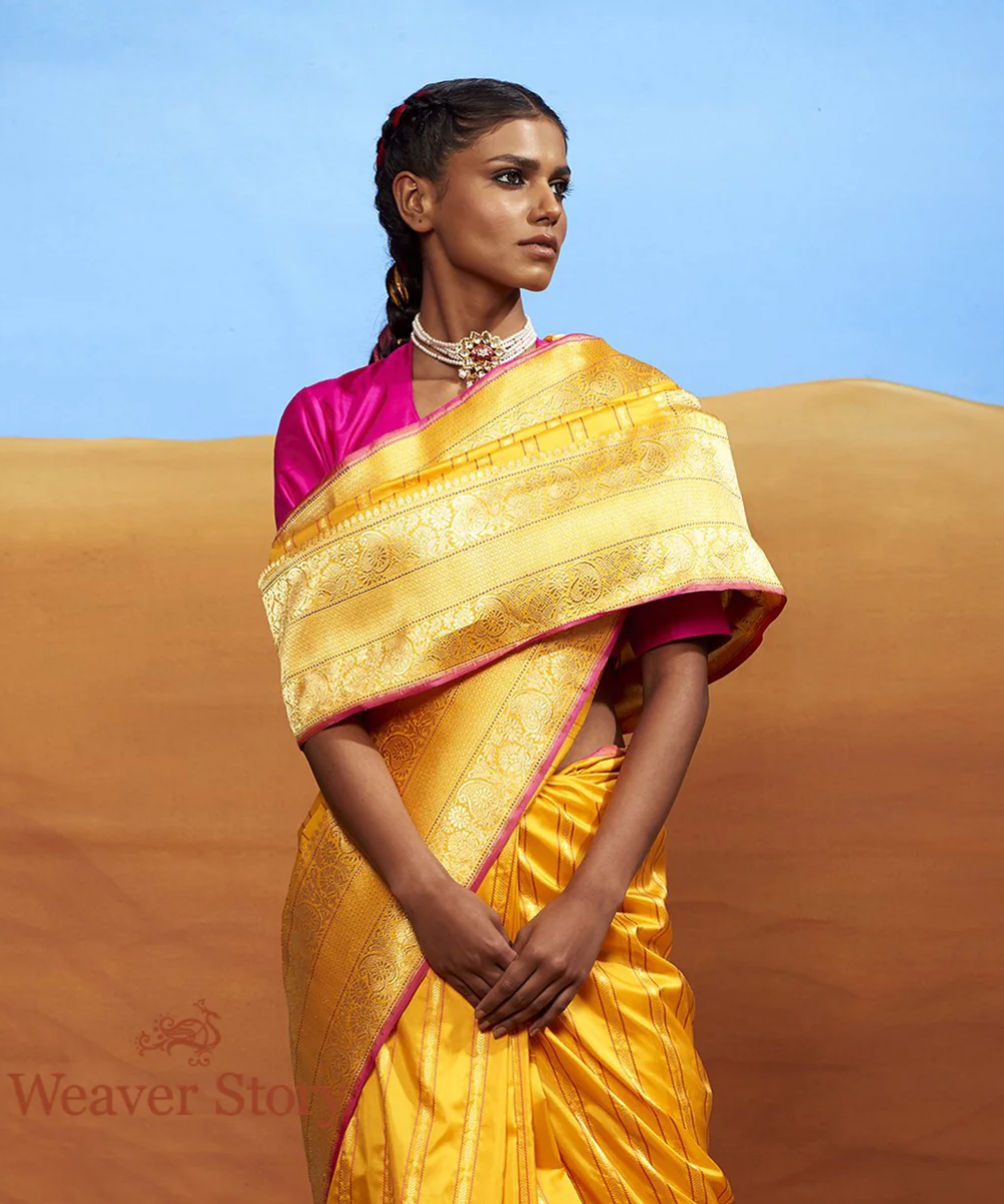 Handloom Yellow Katan Silk Saree With Stripes