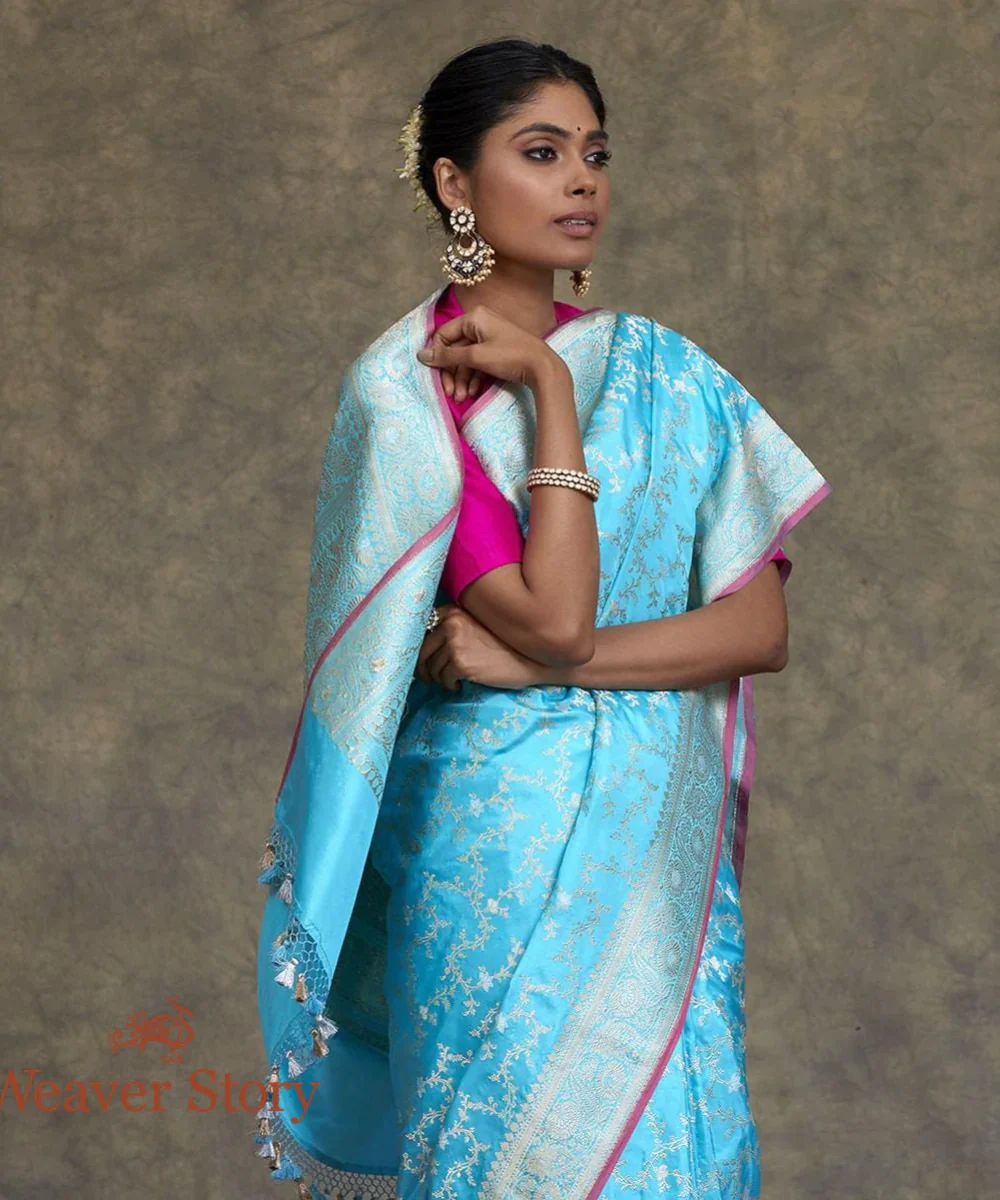 Handwoven Sky Blue Banarasi Jangla Saree With Pink Selvedge