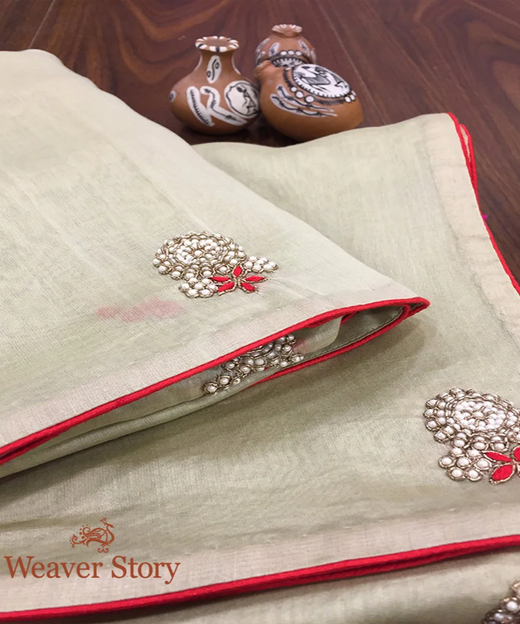 Handloom Pista Chanderi Zardozi Dupatta with Resham and Pearls