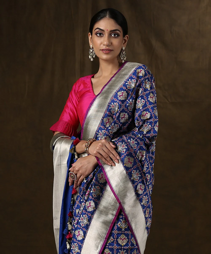 Handloom Blue Banarasi Patola Saree With Meenakari Design