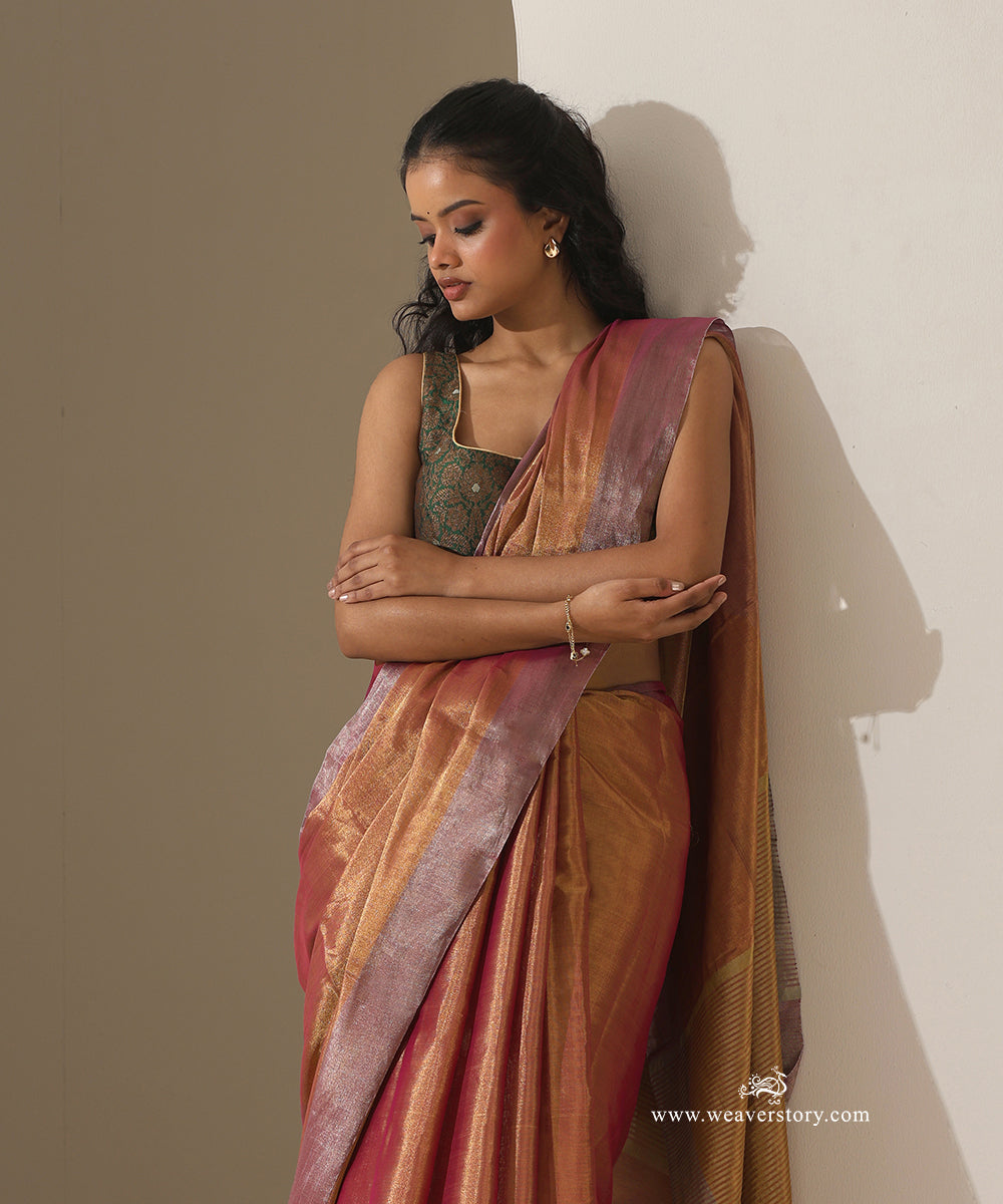 Pink_Handloom_Tissue_Chanderi_Golden_Zari_Saree_With_Silver_Zari_Border_WeaverStory_02