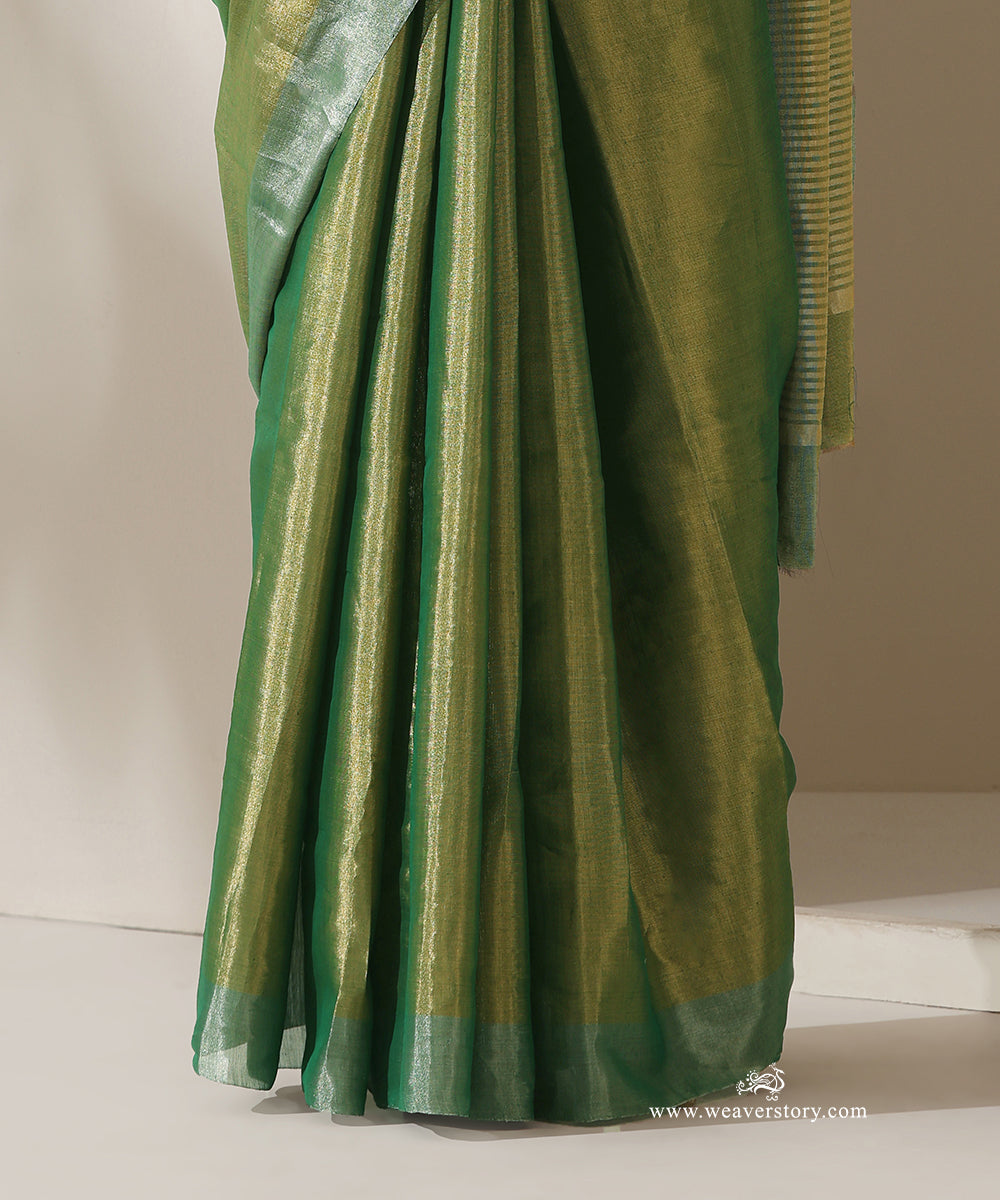 Green_Handloom_Tissue_Chanderi_Golden_Zari_Saree_With_Silver_Zari_Border_WeaverStory_04
