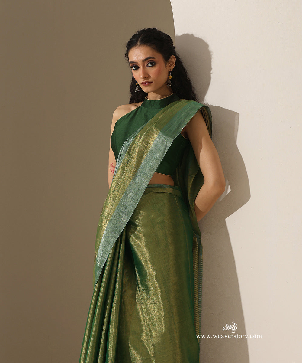 Green_Handloom_Tissue_Chanderi_Golden_Zari_Saree_With_Silver_Zari_Border_WeaverStory_02