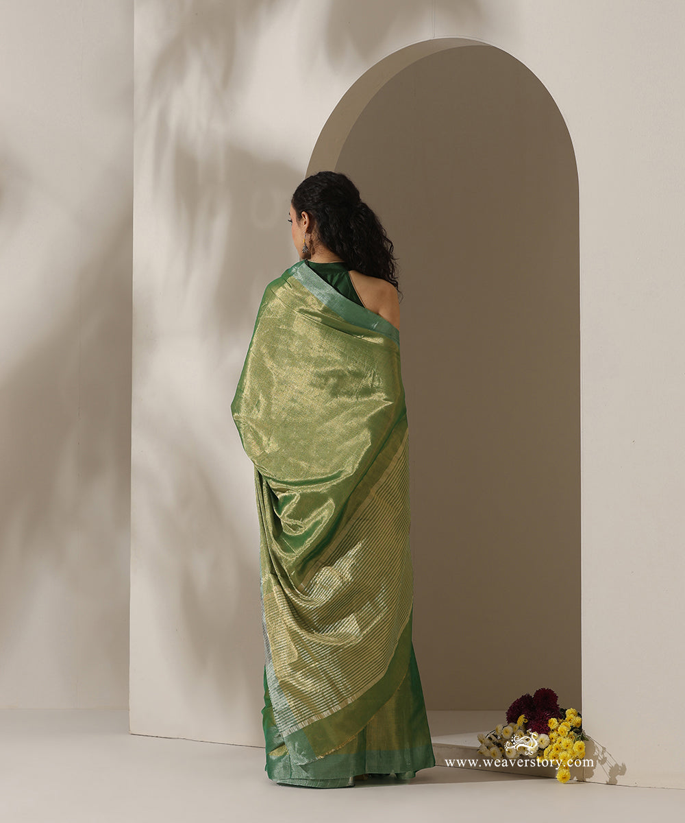 Green_Handloom_Tissue_Chanderi_Golden_Zari_Saree_With_Silver_Zari_Border_WeaverStory_03