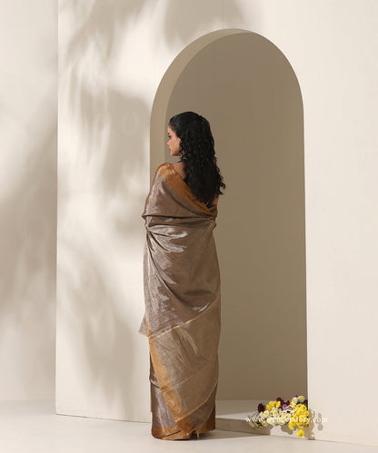 Brown_Handloom_Tissue_Chanderi_Silver_Zari_Saree_With_Gold_Zari_Border_WeaverStory_03