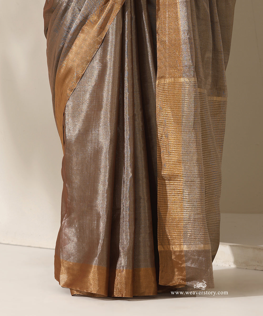 Brown_Handloom_Tissue_Chanderi_Silver_Zari_Saree_With_Gold_Zari_Border_WeaverStory_04