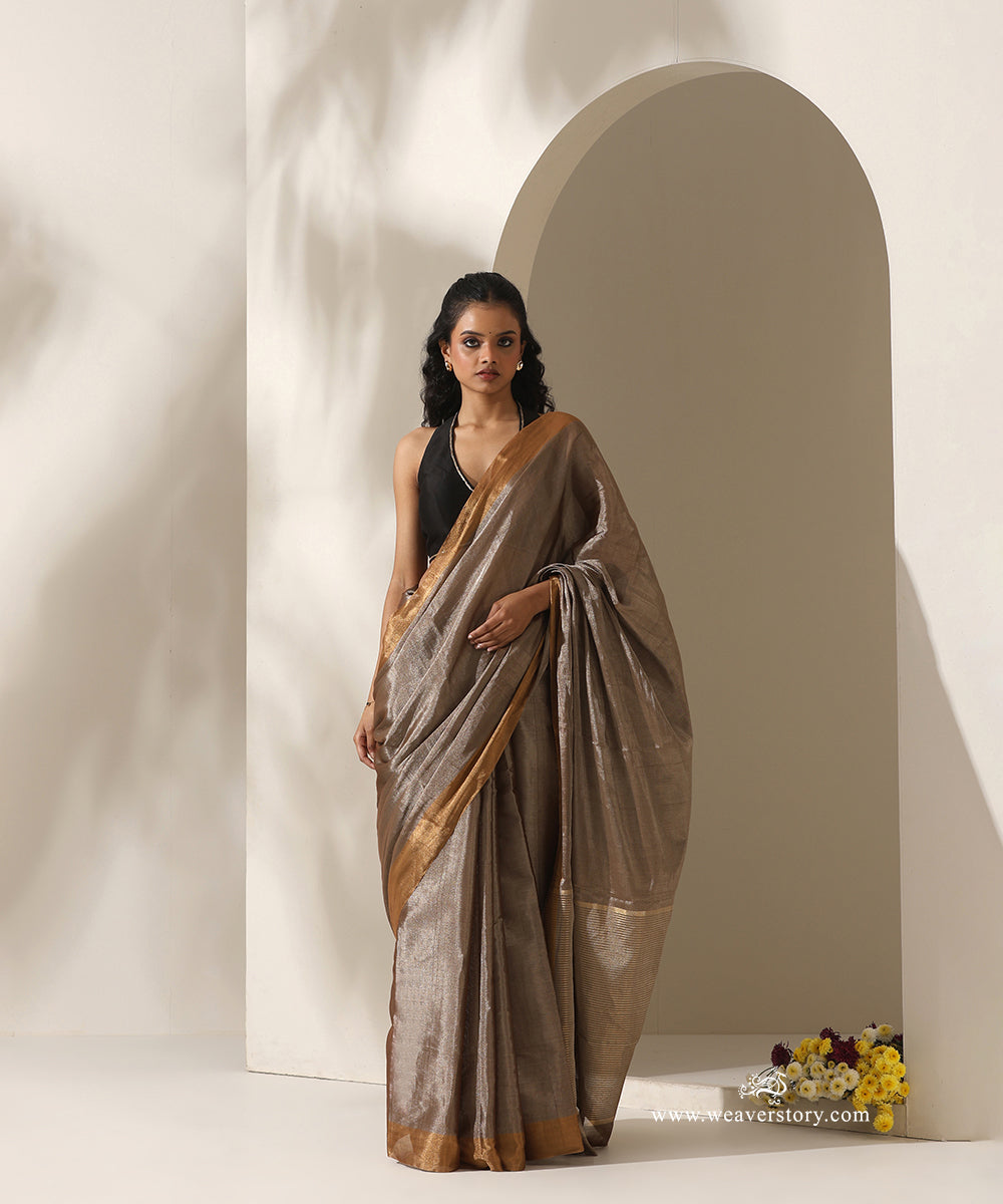Brown_Handloom_Tissue_Chanderi_Silver_Zari_Saree_With_Gold_Zari_Border_WeaverStory_01