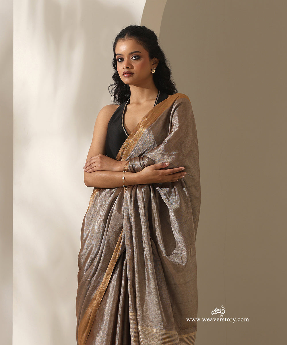 Brown_Handloom_Tissue_Chanderi_Silver_Zari_Saree_With_Gold_Zari_Border_WeaverStory_02
