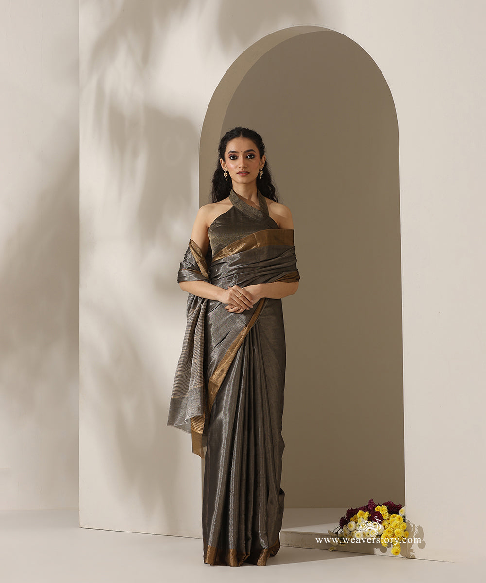 Black_Handloom_Tissue_Chanderi_Silver_Zari_Saree_With_Gold_Zari_Border_WeaverStory_01