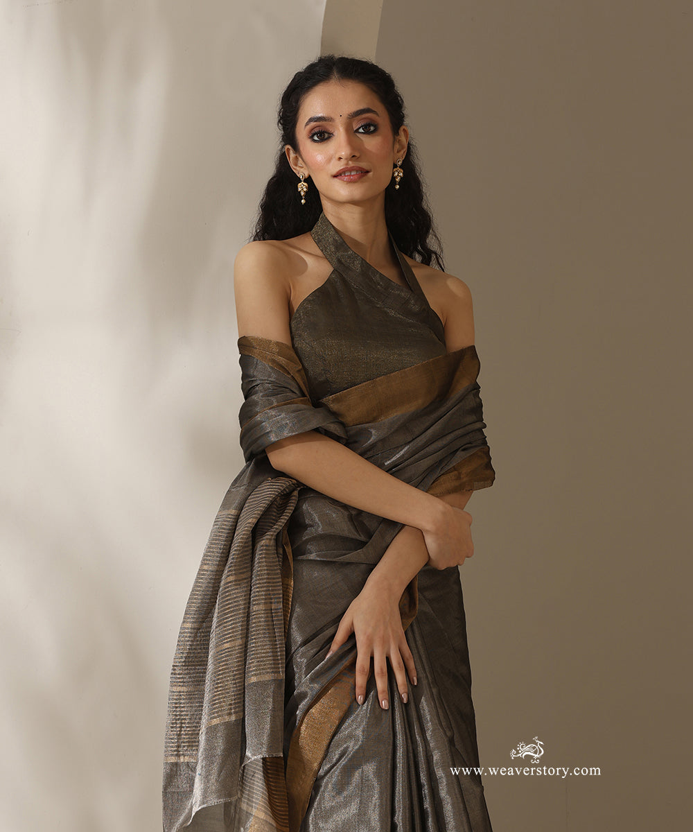 Black_Handloom_Tissue_Chanderi_Silver_Zari_Saree_With_Gold_Zari_Border_WeaverStory_02