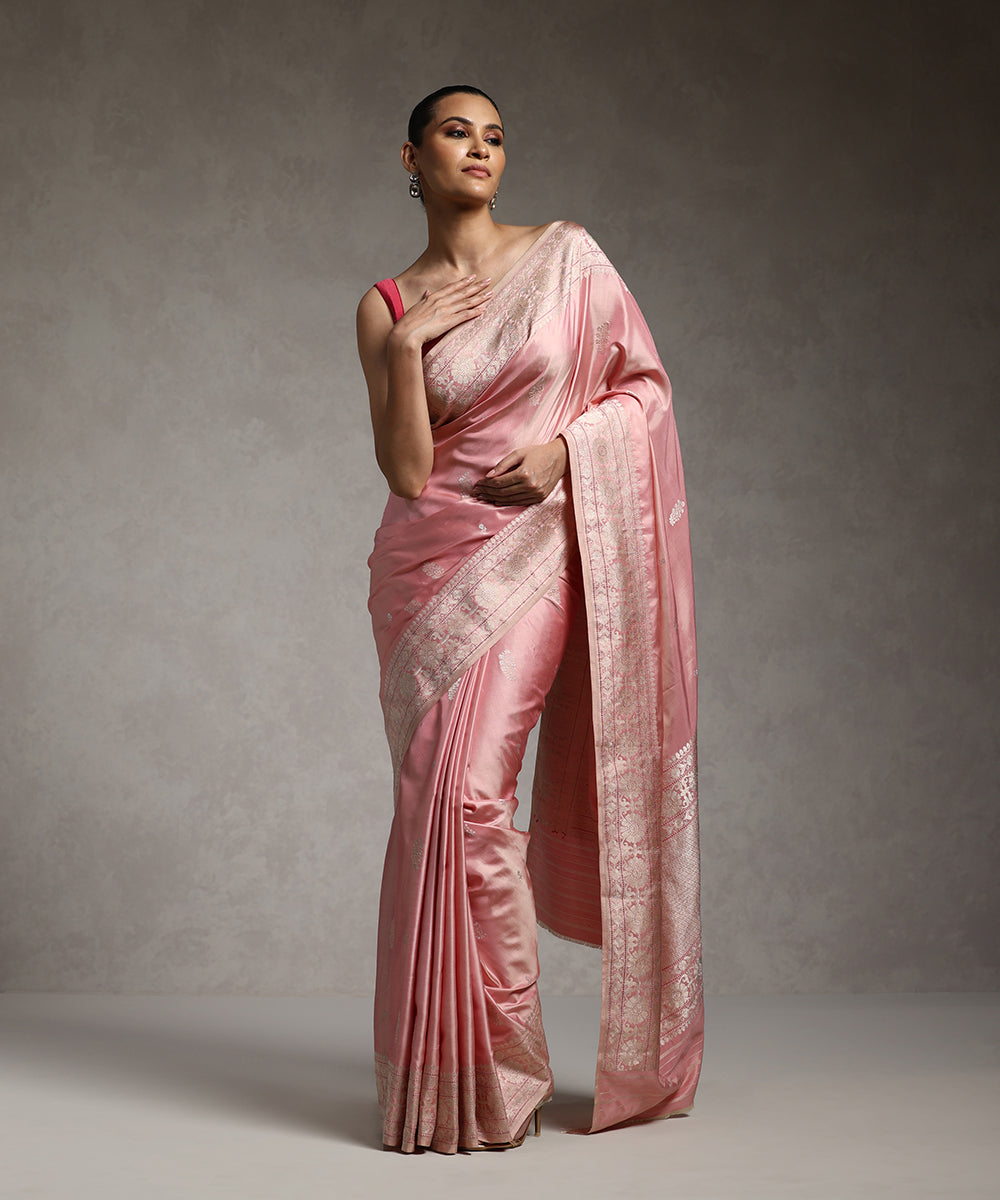 Pink_Handloom_Pure_Katan_Silk_Ektara_Banarasi_Saree_With_Kadhwa_Booti_And_Red_Detailing_WeaverStory_01
