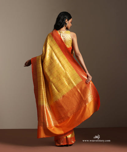 Yellow_Banarasi_Brocade_Saree_With_Orange_Contrast_Border_WeaverStory_03