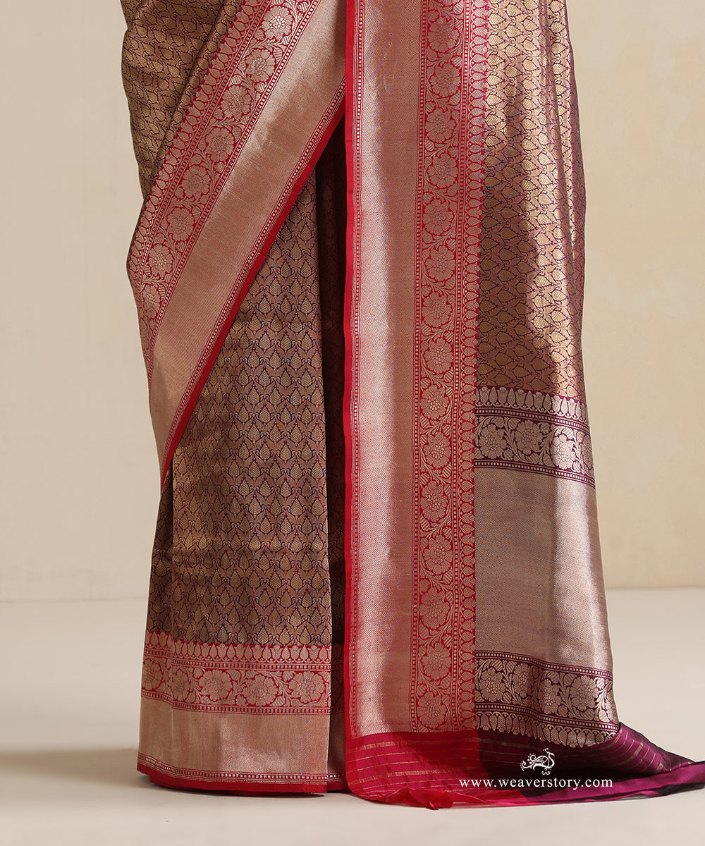 Handloom_Wine_Pure_Katan_Silk_Zari_Tanchoi_Banarasi_Saree_With_Pink_Kadhwa_Floral_Border_WeaverStory_04