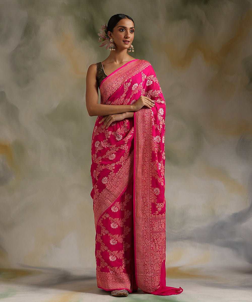 Hot Pink Handloom Pure Georgette Banarasi Saree With Kadhwa Jangla