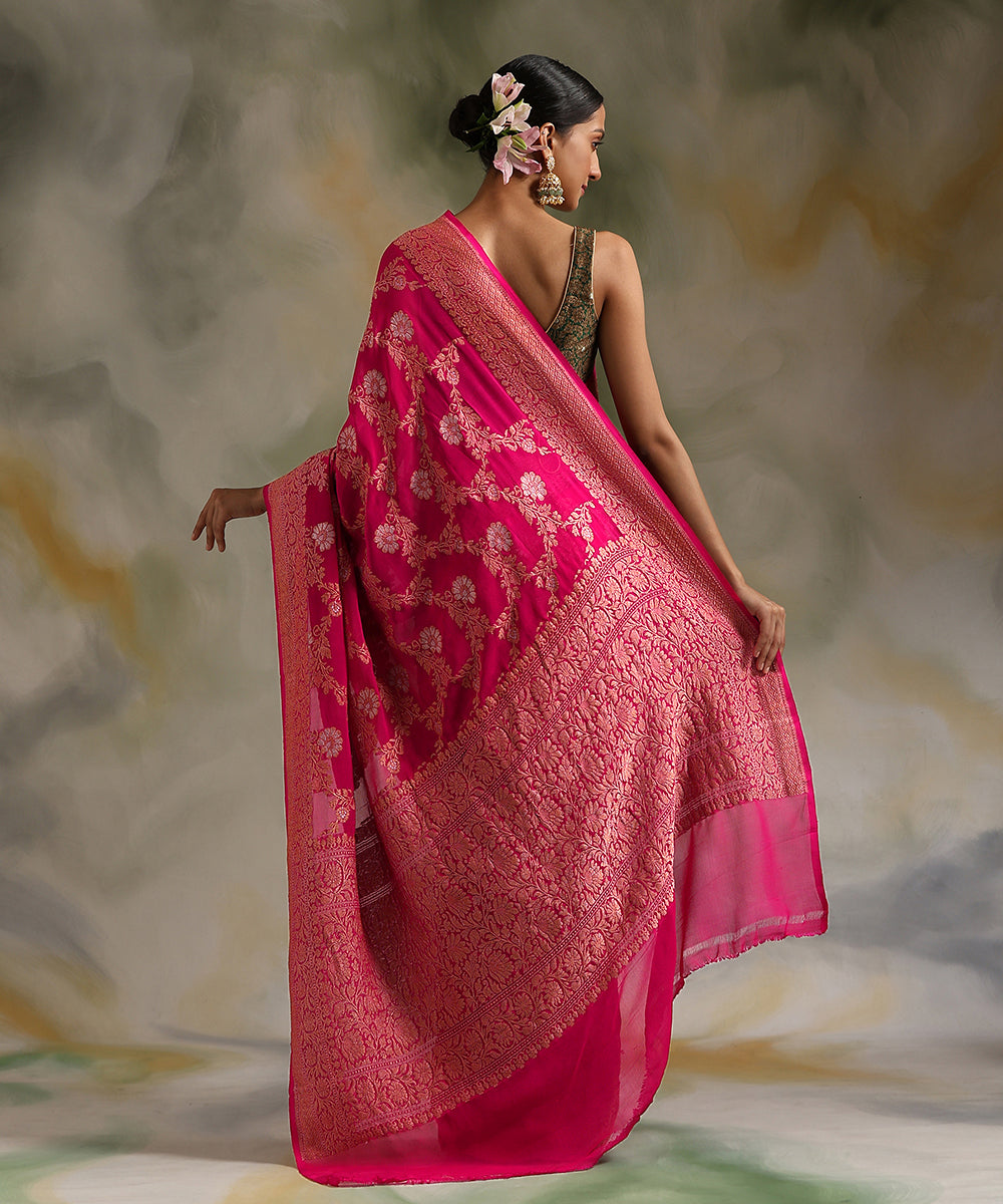 Hot Pink Handloom Pure Georgette Banarasi Saree With Kadhwa Jangla